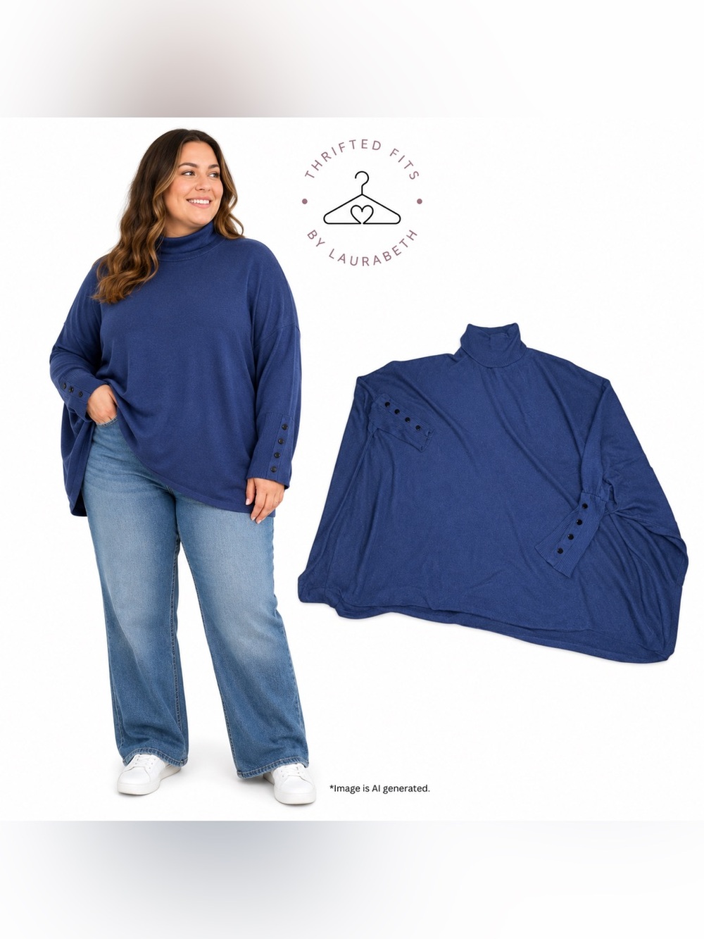 Alfani Royal Blue Women's Turtleneck Sweater with Button Cuffs